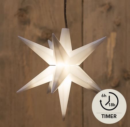 Super schöner 3D LED Leuchtstern in weiß, welcher mit einem Timer ausgestattet ist und über Batteriebetrieb läuft. Er kann sowohl als Tischdecke, als auch als Windlicht genutzt werden. Er ist also super vielfältig einsetzbar und macht sein Umfeld gemütlicher.