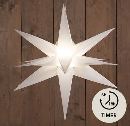 Super schöner und imposanter 3D Leuchtstern in weiß mit Timer und Batteriebetrieb. Er erzeugt eine super gemütliche Atmosphäre.
