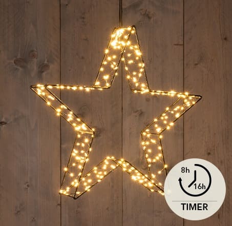 Sehr hübscher 3D LED Leuchtstern in schwarz. Ein Timer ist ebenfalls inklusive. Die 300 LED's sind sehr schön um den 3D Stern herum gebunden.